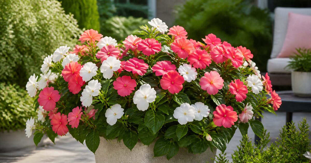 Coral-pink and white SunPatiens growing in a garden container
